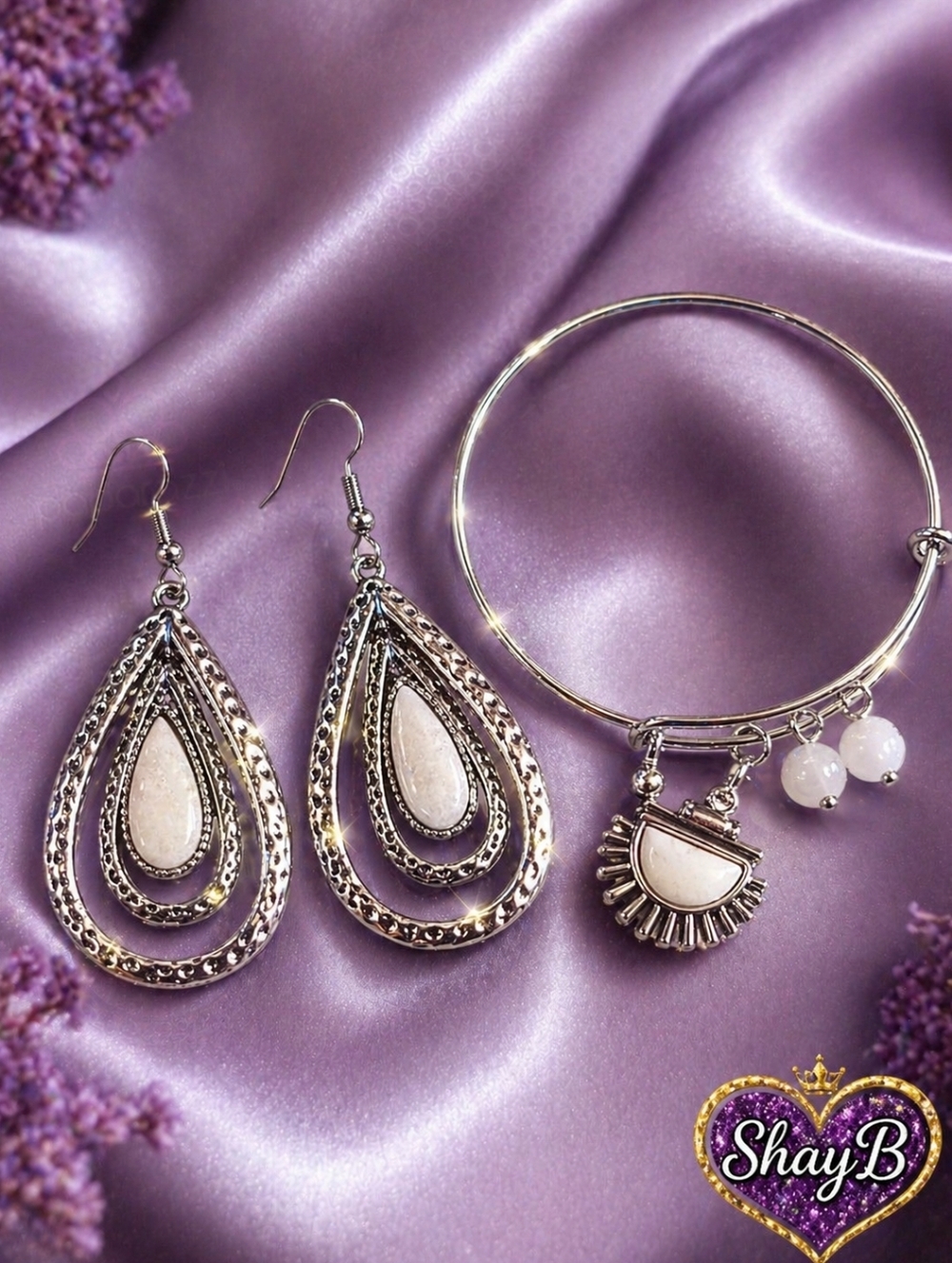 Silver Teardrop Earrings & Charm Bangle Set with Cream Inlay